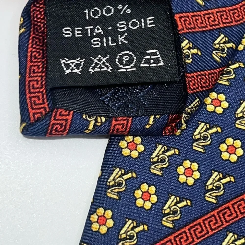 VERSACE CLASSIC V2 Navy Blue and Yellow Floral Pattern Silk Necktie